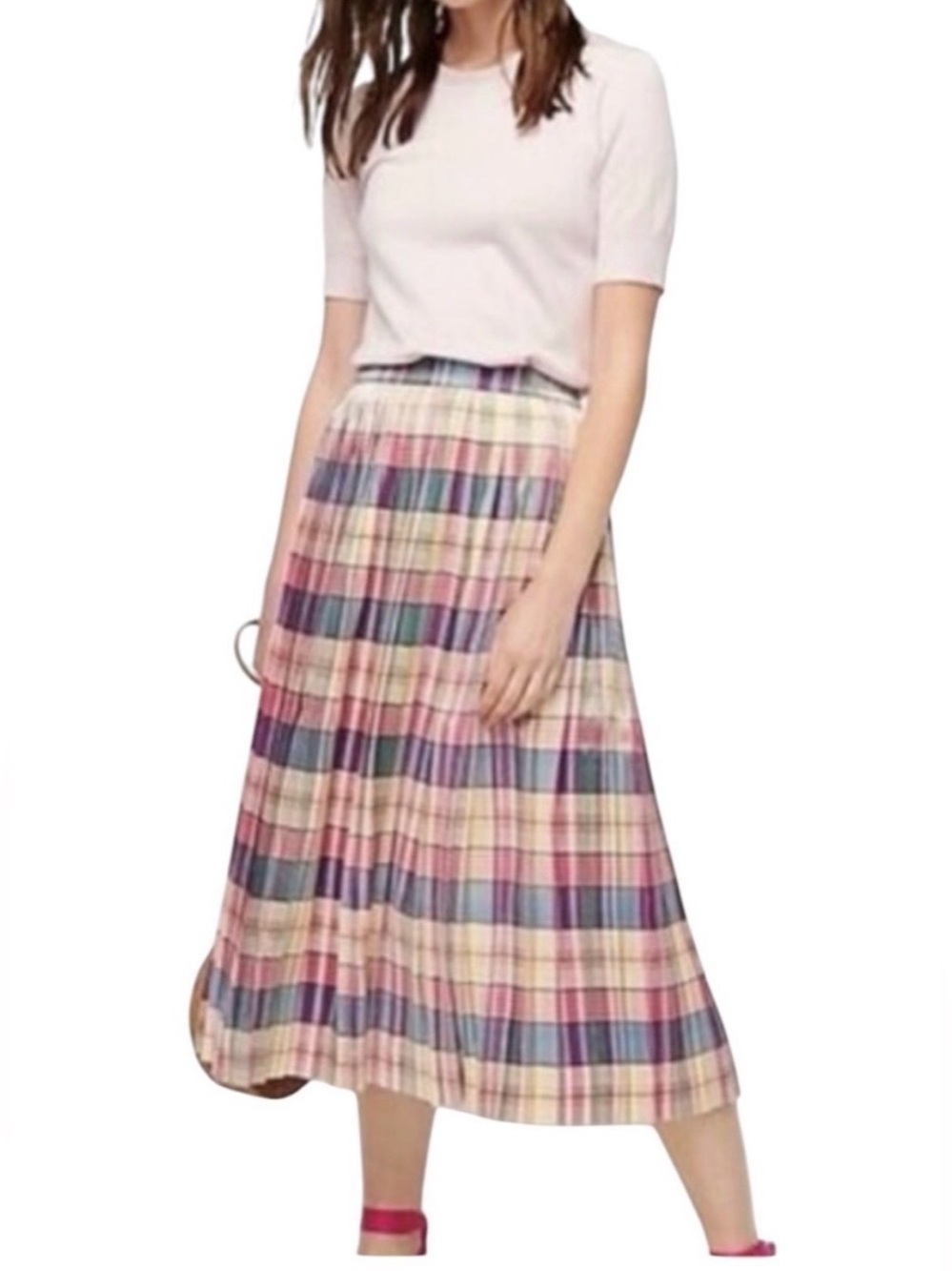 J. Crew pleated midi skirt in pastel plaid shimmer 4